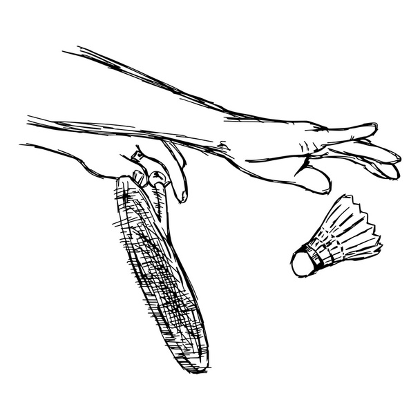 図ベクトル バドミントンは、白い背景で隔離のスポーツマンのクローズ アップ手のクローズ アップ手の落書きは手描きのスケッチ. - ベクター画像