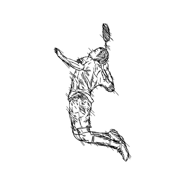 Иллюстрация векторные каракули руки нарисованы эскиз спортсмена, играющего бадминтон изолированы на белом фоне
 - Вектор,изображение