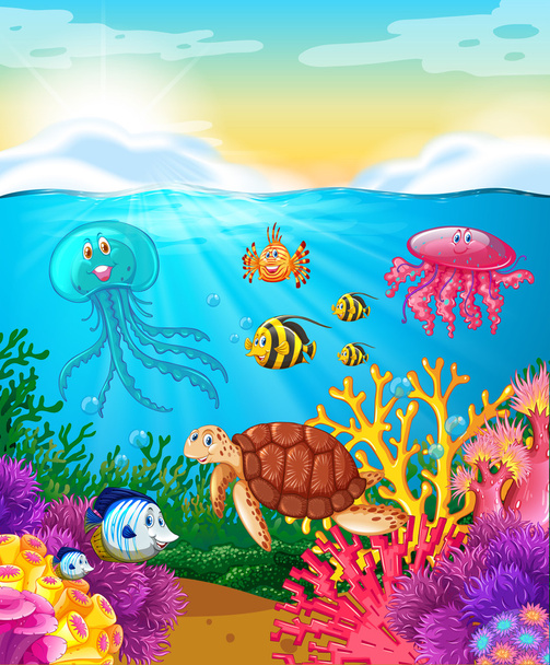 Sea animals swimming under the ocean - Vector, Imagen