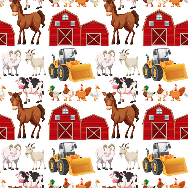 Бесшовный фон с сельскохозяйственными животными и сараями
 - Вектор,изображение