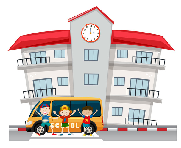 Children and school van at the school - Vector, Image