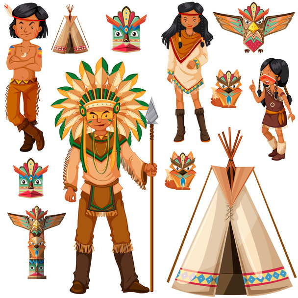 Native American Indian people and tepee - Vector, Image