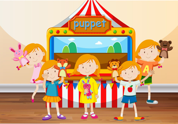 Children playing with hand puppets - Vector, Image