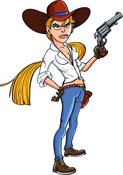 Cowgirl kreskówka z pistoletem i długie włosy - Wektor, obraz
