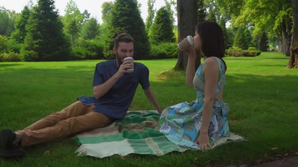 De man met het meisje zit in het park op dekens op het gazon en drinken koffie. - Video
