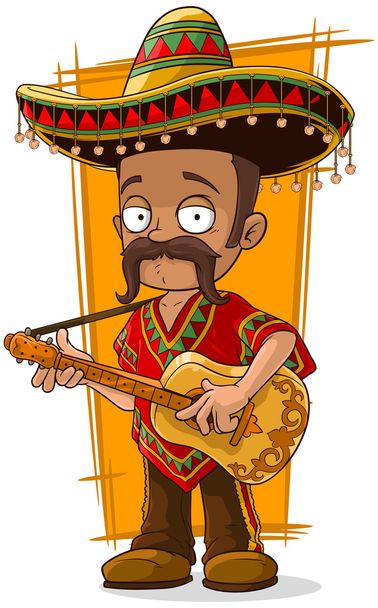 Cartoon mexican in sombrero with guitar - Вектор, зображення