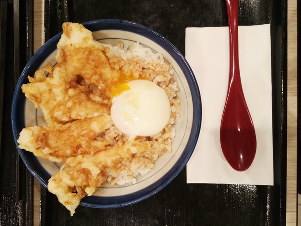 Pollo frito y huevo duro cubierto de arroz como fondo
 - Foto, Imagen