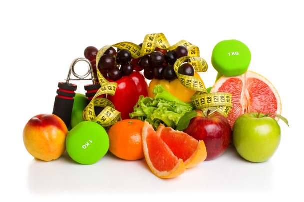 fitnessapparatuur en gezonde voeding - Foto, afbeelding