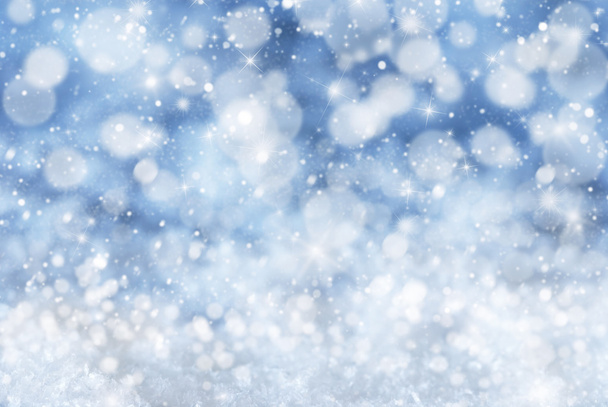 Blue Christmas Background With Snow, Snwoflakes, Bokeh And Stars - Фото, изображение