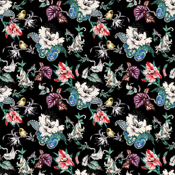 Seamless pattern with tropical flowers and birds - Foto, afbeelding