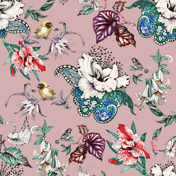Seamless pattern with tropical flowers and birds - Fotografie, Obrázek