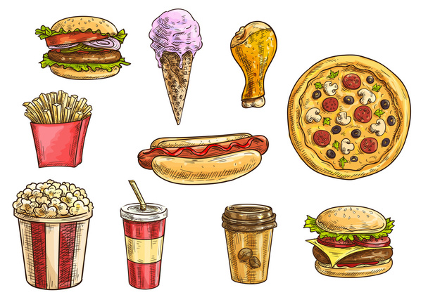 Fast food snacks and drinks icons sketch set - Vector, Image