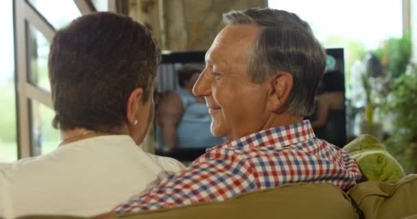 Вид ззаду старшої пари сміється і розмовляє під час перегляду телевізора
 - Кадри, відео