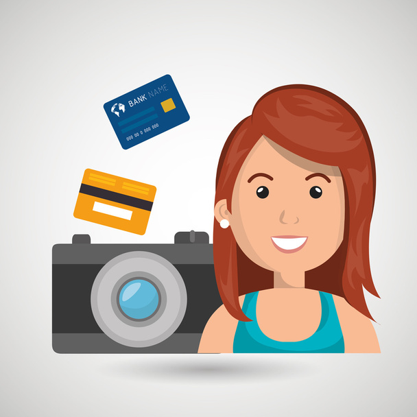 karakter kamera fotoğraf ve kredi kartı - Vektör, Görsel