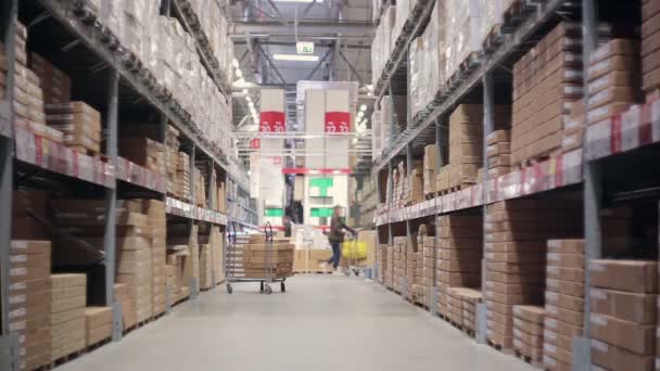Zábavný muž je překvapen řadou zboží, které prochází mezi policemi zboží ve skladu - Záběry, video