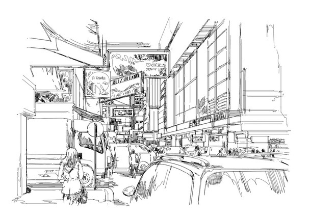 hand drawn sketch of urban city street - Photo, Image