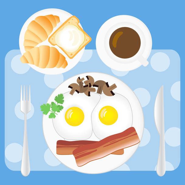 Сніданок плакат. Смажені яйця, бекон, гриби, петрушка, кава, круасани, хліб і масло на білих тарілках
 - Вектор, зображення