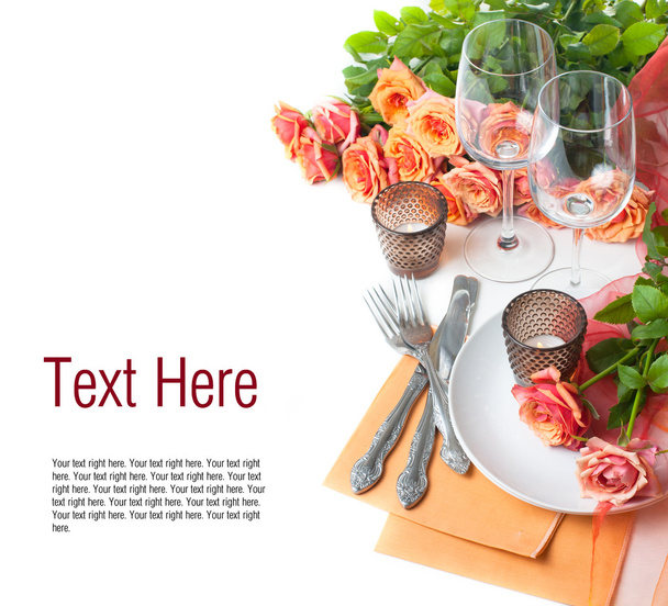 Template with festive table setting with roses - Photo, Image