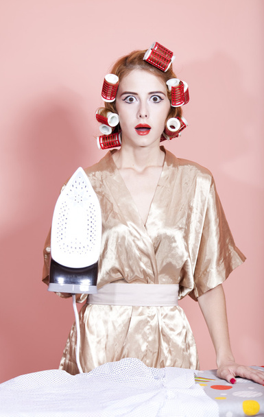 Housewife with iron and curler - Foto, Imagem
