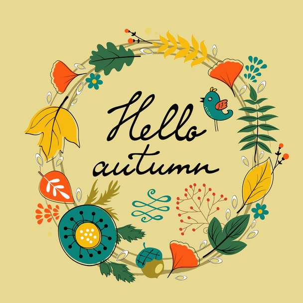 Beautiful hello autumn card with wreath - Vektor, Bild