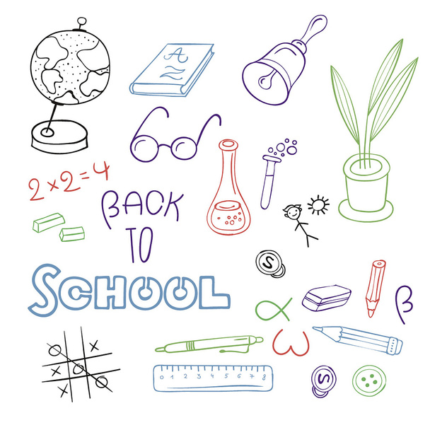 conjunto desenhado à mão ilustrações da vida escolar e aprendizagem
 - Vetor, Imagem