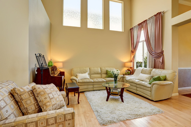 Interior acolhedor da sala de estar em tons claros com sofás de couro
 - Foto, Imagem