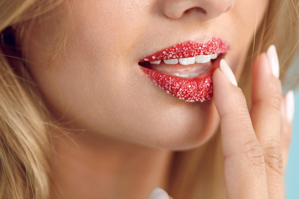 Lip Skin Care. Beautiful Woman Lips With Sugar Lip Scrub On  - Fotó, kép