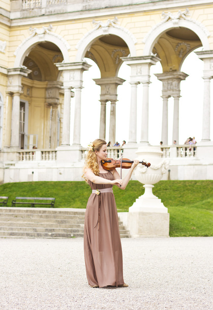 Красива усміхнена дівчина грає на скрипці на відкритому повітрі. Музикант на весілля. Скрипка під відкритим небом
 - Фото, зображення