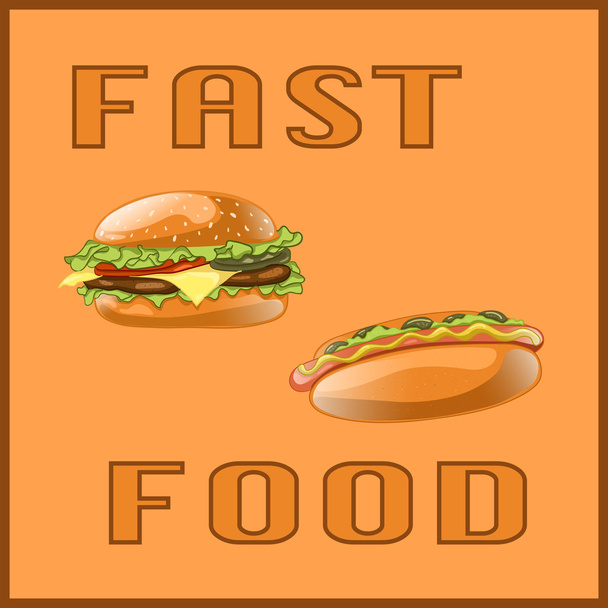Fast food set for Menu Card, poster, brochure, web, mobile application. Colorful cartoon icons with fast food meal isolated on orange background. Banner with hamburger and hot dog. Vector Illustration - Διάνυσμα, εικόνα