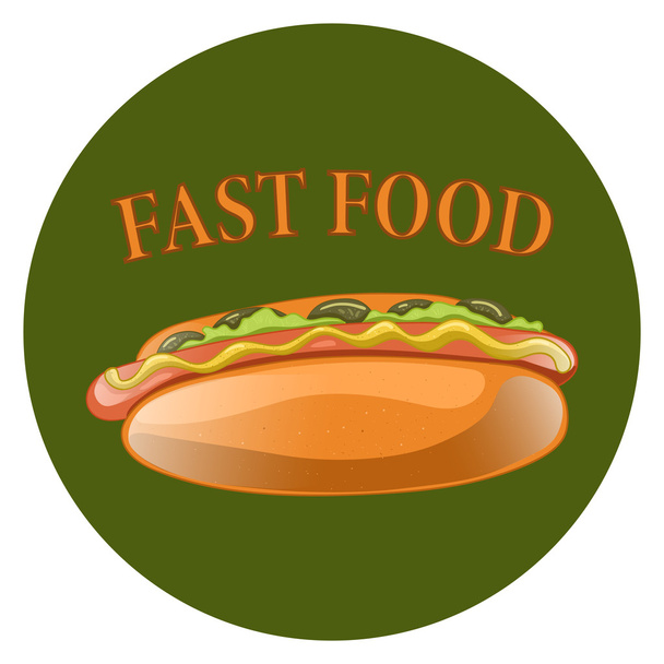 Hot Dog Cartoon Illustration. Classic american fast food - sausage with mustard in a bun. Hotdog sandwich. Vector isolated icon of hot-dog for poster, menus, brochure, web and mobile application. - Вектор, зображення