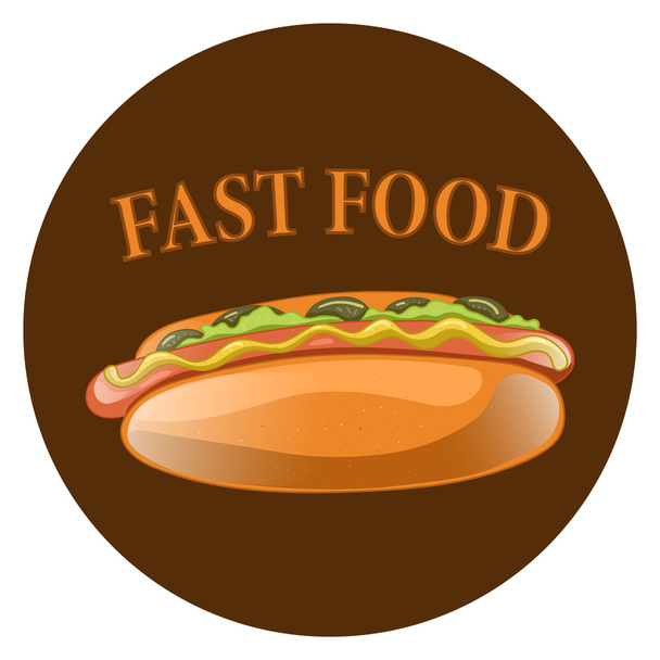 Hot Dog Cartoon Illustration. Classic american fast food - sausage with mustard in a bun. Hotdog sandwich. Vector isolated icon of hot-dog for poster, menus, brochure, web and mobile application. - Vektor, obrázek