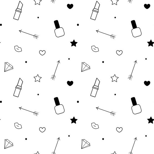 чорно-білий безшовний векторний візерунок фонова ілюстрація з помадою, лаком для нігтів, губами, алмазом, стрілою, зіркою та серцем
 - Вектор, зображення