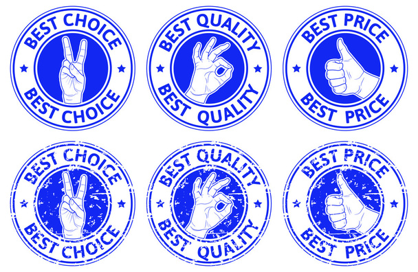 Set of blue badges with hand gesture symbols: we win, ok, thumb up. Vector illustration. - Vettoriali, immagini