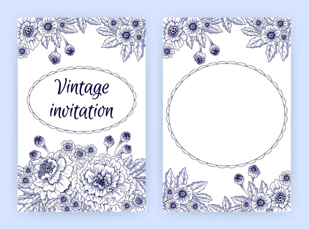 Greeting card with marigolds. Floral template for flyer, banner, brochure, invitation, poster. Flourishing natural background with blooming flowers in vintage graphic style. Vector illustration. - Vektori, kuva