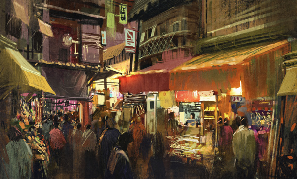 tłum ludzi chodzących na rynku w nocy - Zdjęcie, obraz