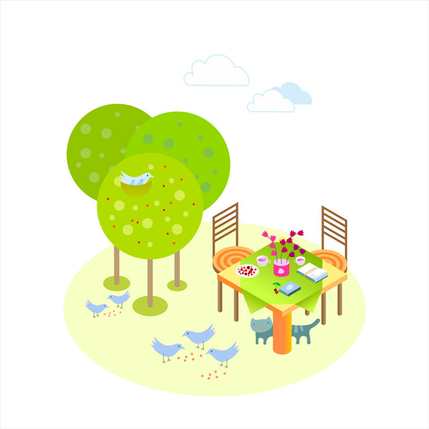 Izometryczne ilustracja lato wakacyjny nastrój w ogrodzie - Wektor, obraz