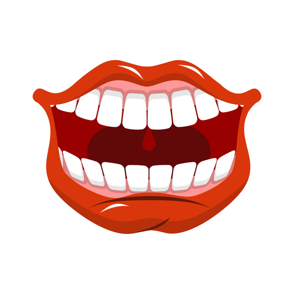 Vrolijke glimlach. Rode lippen en witte tanden. Open mond - Vector, afbeelding