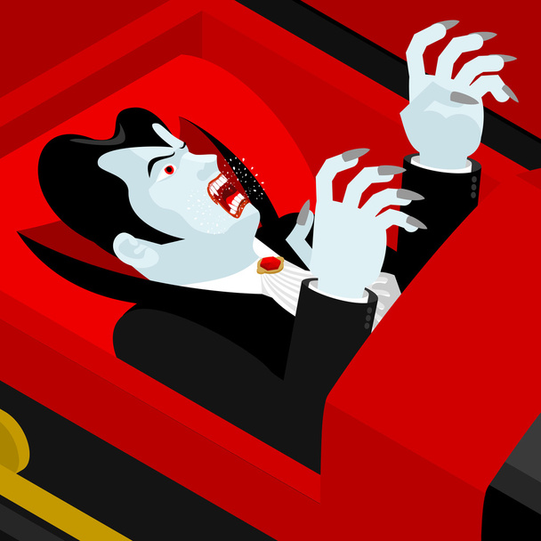 Dracula in de kist. Vampier tellen in een open coffin. Ghoul in cas - Vector, afbeelding