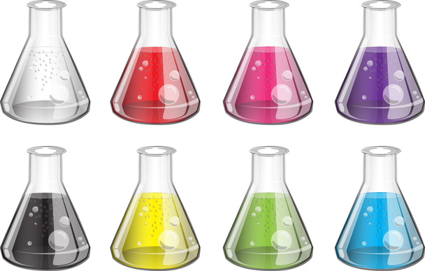 Kemian tieteen laboratorio retorts, dekantterit, pullot ja muut laitteet. Biologiset ja tieteelliset testit
. - Vektori, kuva