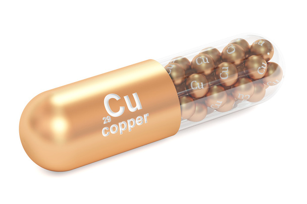 Capsule with copper Cu element Dietary supplement, 3D rendering  - Foto, Imagen