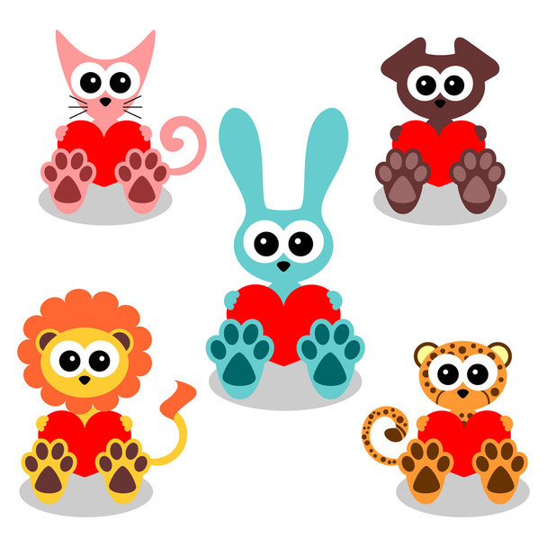 Cute animals holding hearts set - Vector, afbeelding