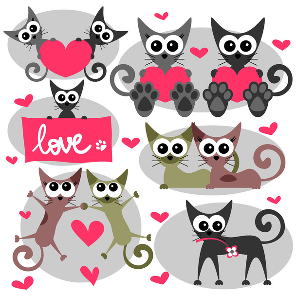 Romantic valentine set with cats - Vetor, Imagem