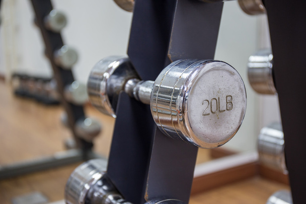 20lb dumbbell for muscle building on rack in workout room - 写真・画像