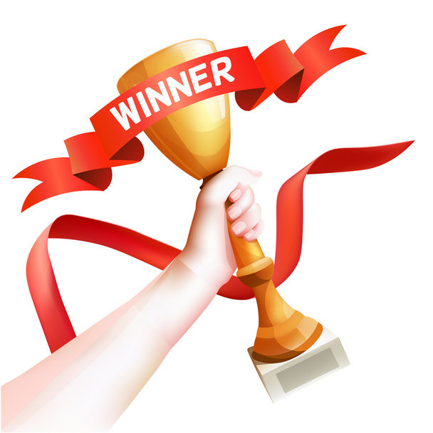 Hand Holding Up Trophy. Vector Winner Cup Illustration with Red Winner Ribbon. White Background - Vetor, Imagem