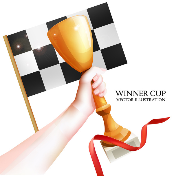 Hand Holding Up Trophy. Vector Winner Cup Illustration with Red Ribbon and Checkered Flag. White Background - Вектор,изображение