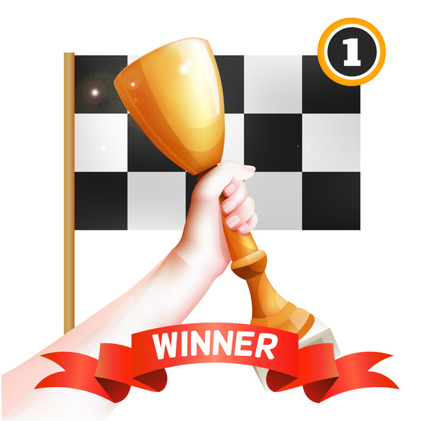 Hand Holding Up Trophy. Vector Winner Cup Illustration with Red Winner Ribbon and Checkered Flag. White Background - ベクター画像
