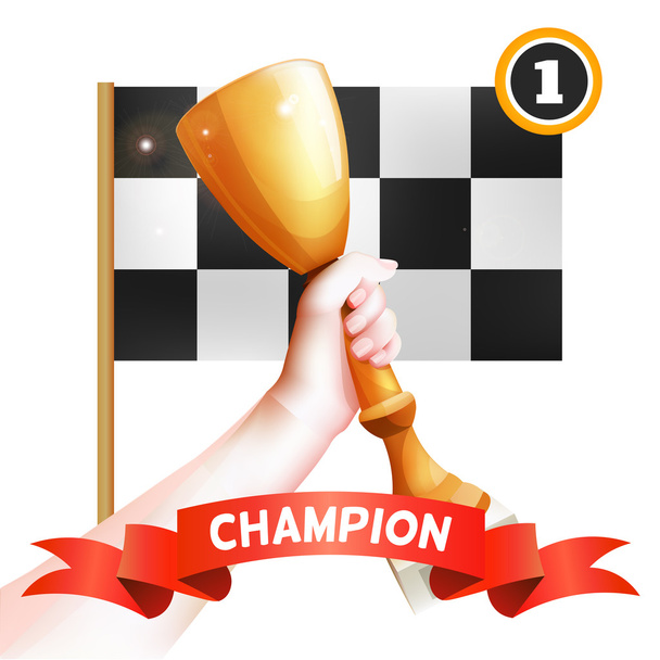 Hand Holding Up Trophy. Vector Winner Cup Illustration with Red Champion Ribbon and Checkered Flag. White Background - Vektör, Görsel