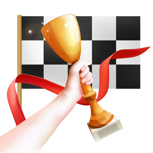 Hand Holding Up Trophy. Vector Winner Cup Illustration with Red Ribbon and Checkered Flag. White Background - ベクター画像