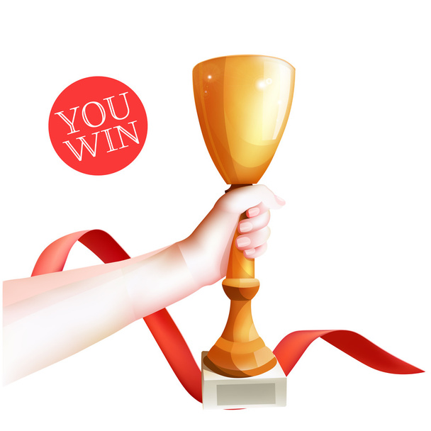 Hand Holding Up Trophy. Vector Winner Cup Illustration. Red ribbon. White Background - ベクター画像