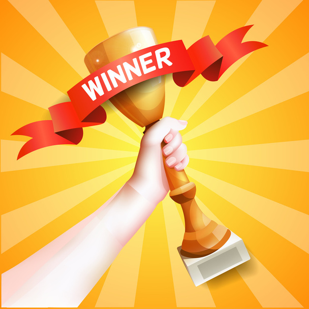 Hand Holding Up Trophy. Vector Winner Cup Illustration with Red Winner Ribbon. - Vecteur, image